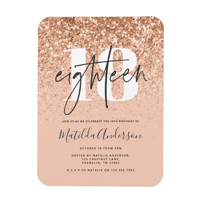 Girly modern peach glitter typography 18 birthday magnet (Vertical)
