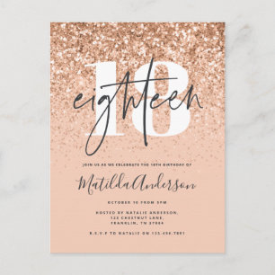 Girly modern peach glitter typography 18 birthday postcard
