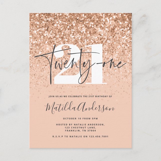 Girly modern peach glitter typography 21 birthday postcard (Front)