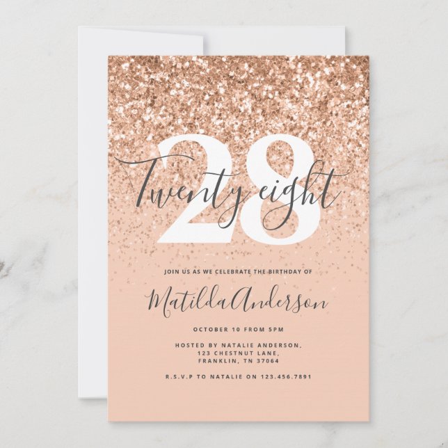 Girly modern peach glitter typography birthday (Front)