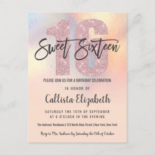Girly Modern Peach Iridescent Foil Ombre Sweet 16 Invitation Postcard