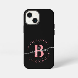 Girly Modern Pink Black Name Script Monogrammed  iPhone 13 Mini Case