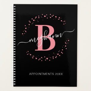 Girly Modern Pink Black Name Script Monogrammed  Planner