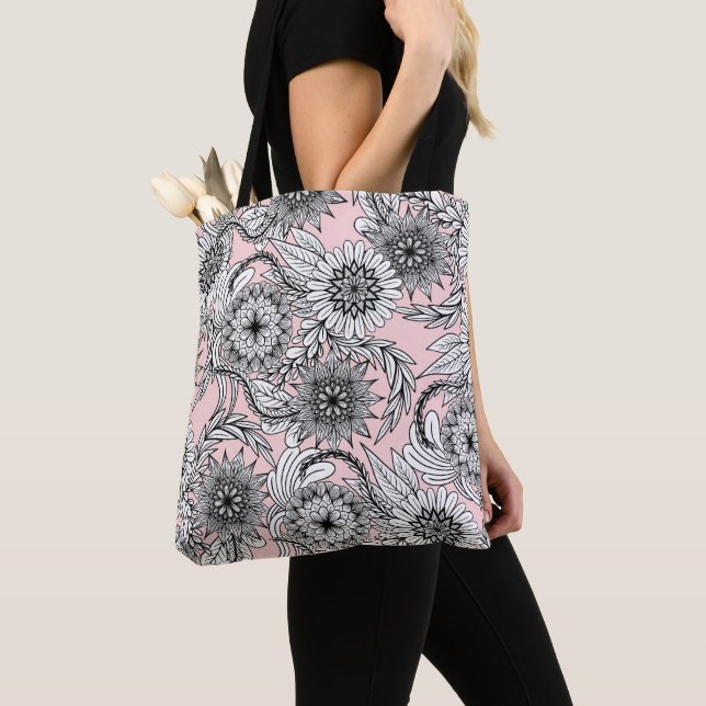 Girly Modern Pink Black White Floral Drawings Tote Bag (Close Up)