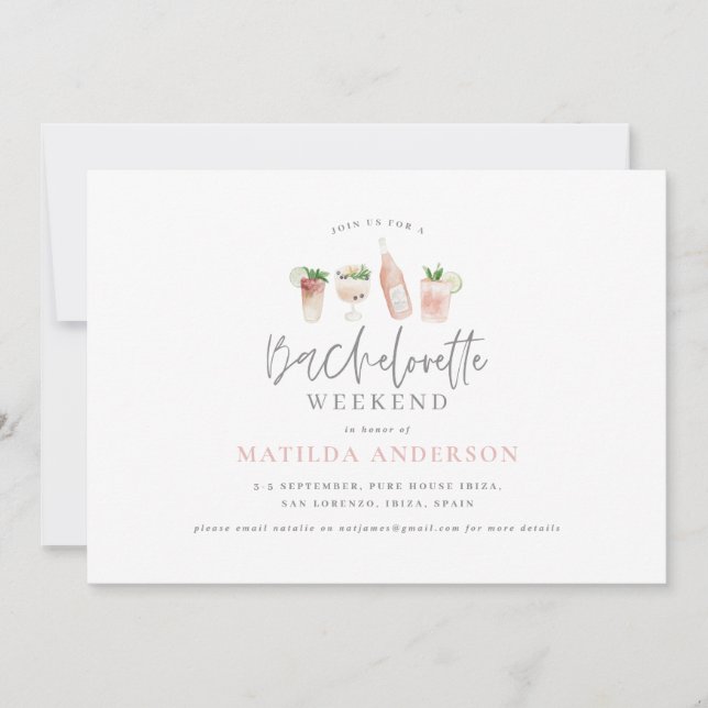 Girly modern pink chic bachelorette weekend announcement (Front)