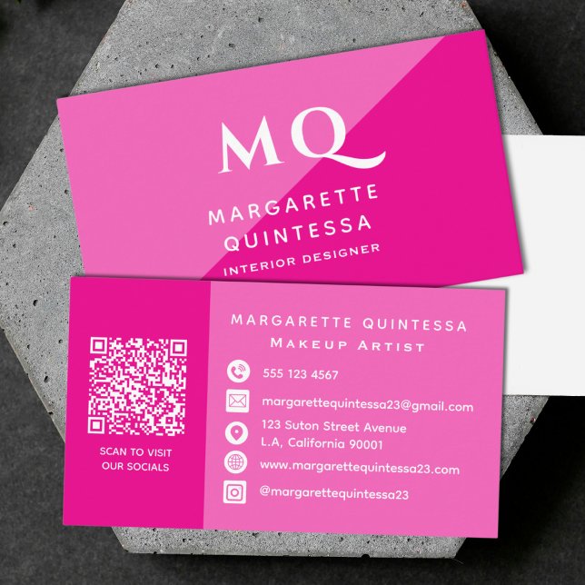 Girly Modern Pink Feminine Chic Monogram QR Code Business Card (Creator Uploaded)