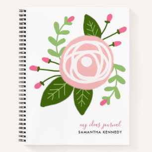 Girly Modern Pink Floral Custom Name Sketchbook Notebook