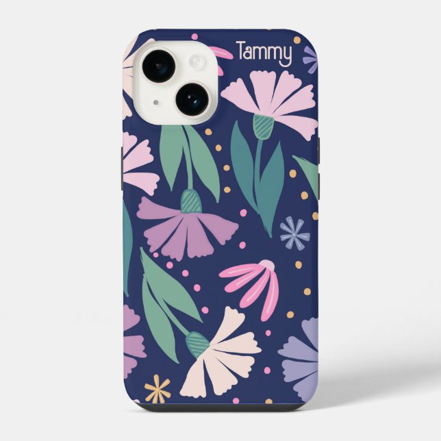 Girly Modern Pink Flowers iPhone Case Navy blue (Back)