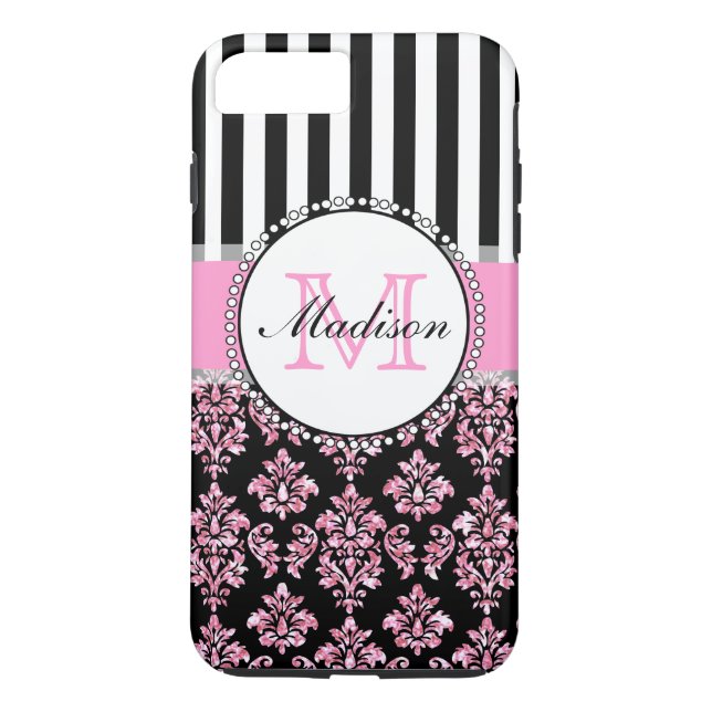 Girly Modern Pink Glitter Damask Personalised Case-Mate iPhone Case (Back)