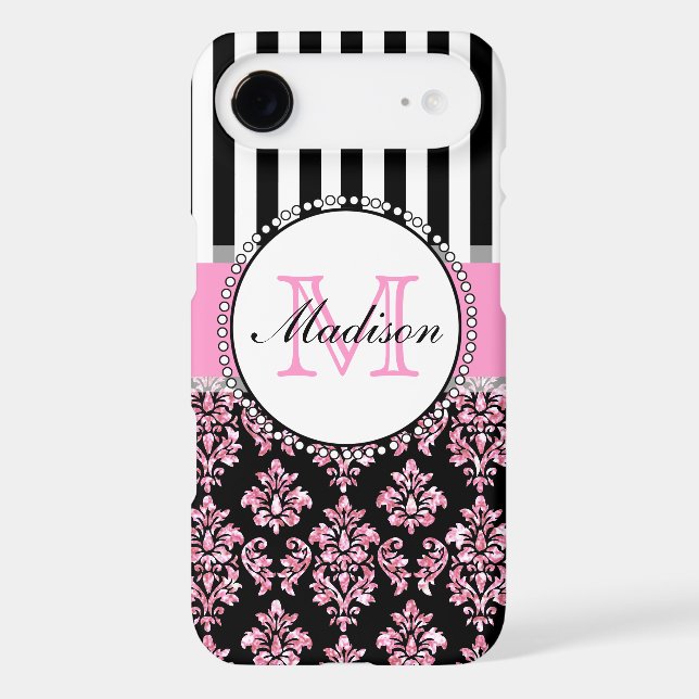 Girly Modern Pink Glitter Damask Personalised Case-Mate iPhone Case (Back)
