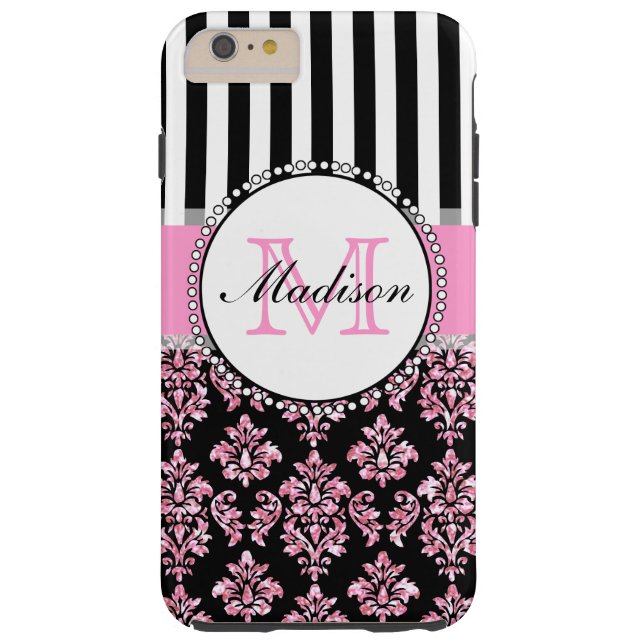 Girly Modern Pink Glitter Damask Personalised Case-Mate iPhone Case (Back)