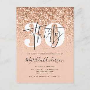 Girly modern pink glitter typography 30th birthday postcard
