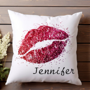 Girly Modern Pink Red Glitter Kiss Lips Cushion