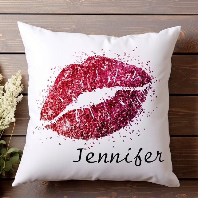 Girly Modern Pink Red Glitter Kiss Lips Cushion (Creator Uploaded)