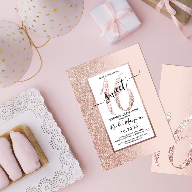 Girly Modern Pink Rose Gold Glitter Ombre Sweet 16 Invitation (Creator Uploaded)