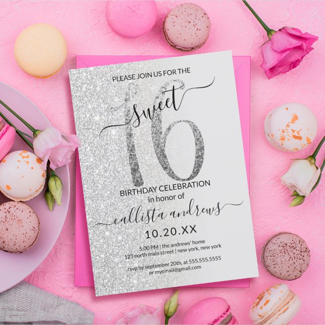 Girly Modern Pink Silver Glitter Ombre Sweet 16 Invitation (Creator Uploaded)