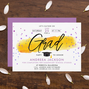 Girly Modern Pink Stars Yellow Graduate Watercolor Invitation
