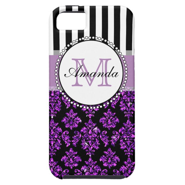 Girly Modern Purple Glitter Damask Personalised Case-Mate iPhone Case (Back)