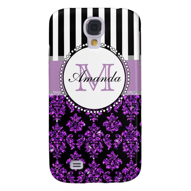 Girly Modern Purple Glitter Damask Personalised Case-Mate Samsung Galaxy Case (Back)