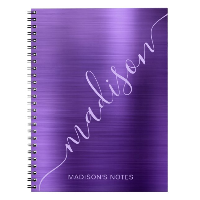 Girly Modern Purple Metallic Monogram Signature Notebook (Front)