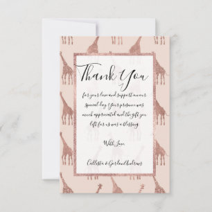 Girly Modern Rose Gold Blush Pink Giraffes Thank You Card