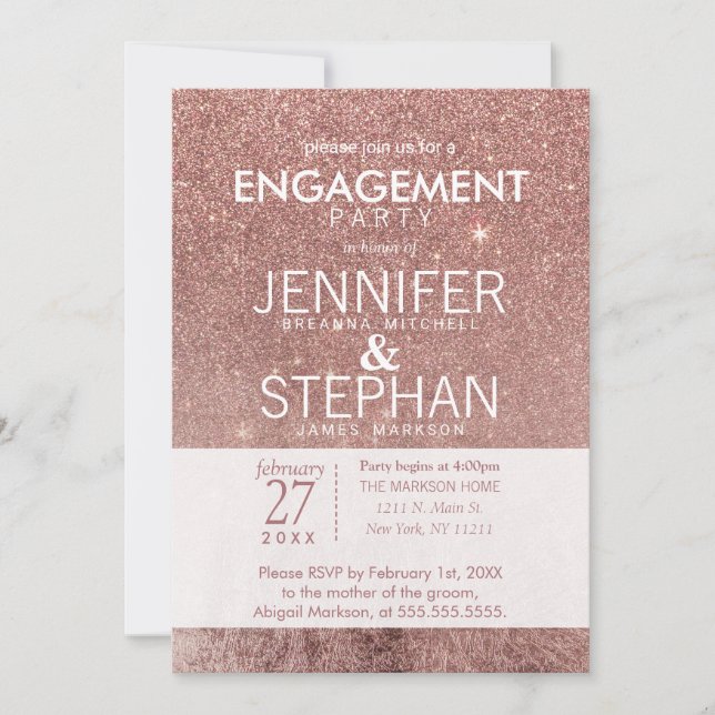 Girly Modern Rose Gold Glitter Foil Engagement Invitation (Front)