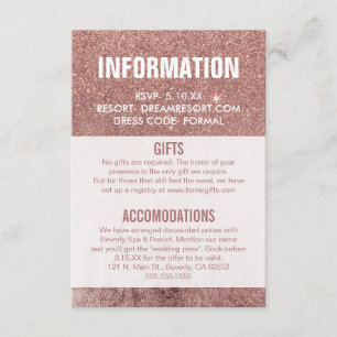 Girly Modern Rose Gold Glitter Wedding Information Enclosure Card
