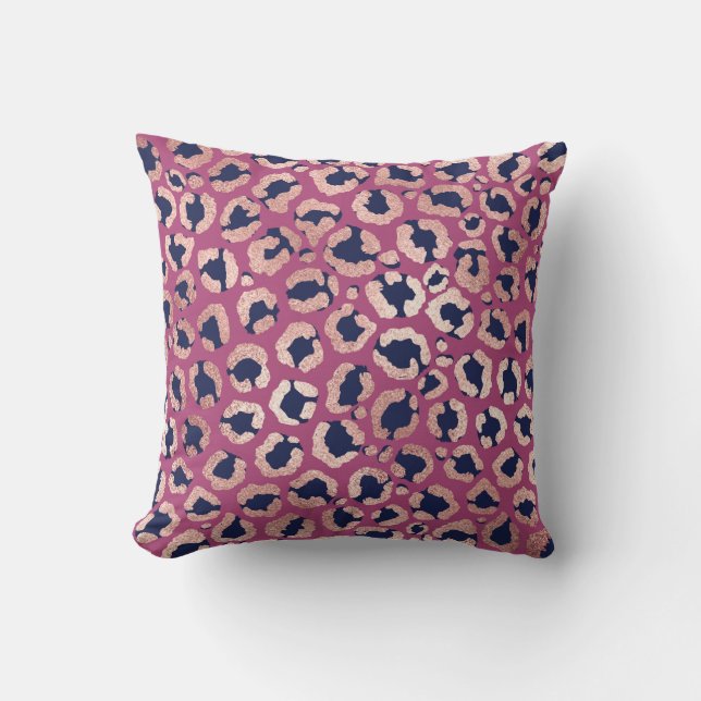 Girly Modern Rose Gold Navy Purple Leopard Print Cushion (Front)