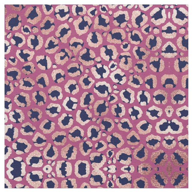 Girly Modern Rose Gold Navy Purple Leopard Print Fabric (Close Up)