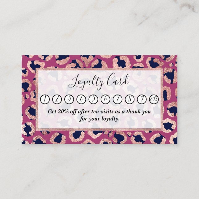 Girly Modern Rose Gold Navy Purple Leopard Print Loyalty Card (Front)