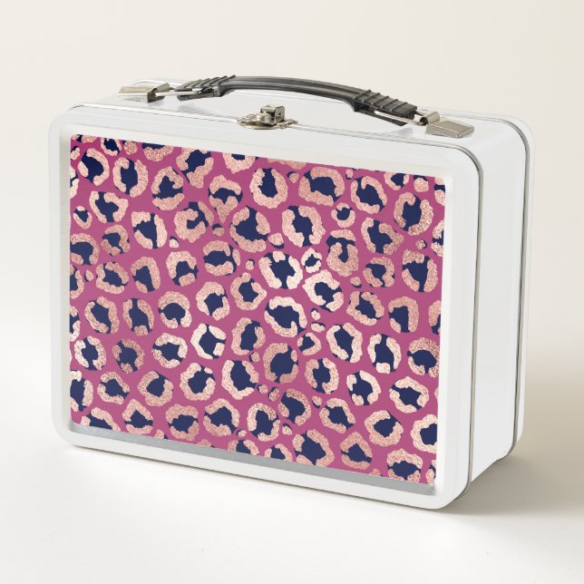 Girly Modern Rose Gold Navy Purple Leopard Print Metal Lunch Box (Front)
