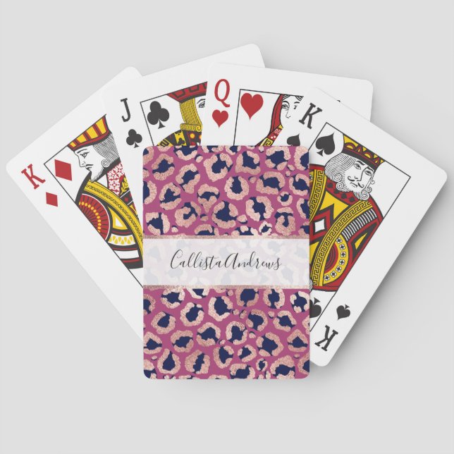Girly Modern Rose Gold Navy Purple Leopard Print Playing Cards (Back)