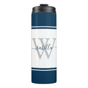 Girly Modern Trendy Monogram Script Navy Thermal Tumbler