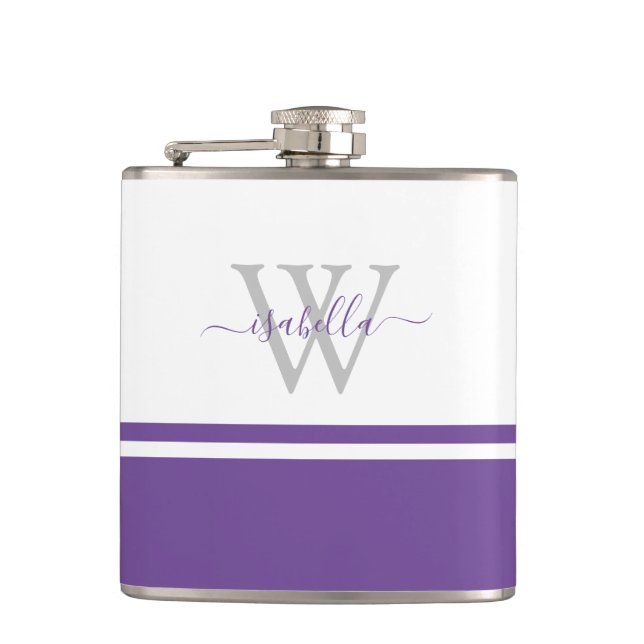 Girly Modern Trendy Monogram Script Purple Hip Flask (Front)