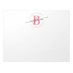 Girly Modern White Pink Name Script Monogrammed Notepad