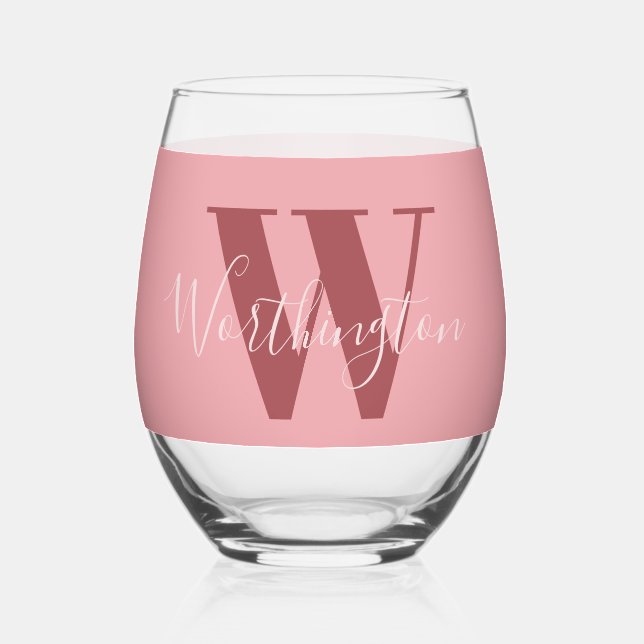 Girly Monogram and Name pink blush red Stemless Wine Glass (Front)
