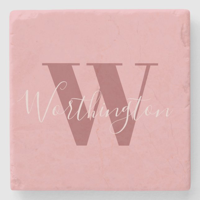 Girly Monogram and Name pink blush red Stone Coaster (Front)
