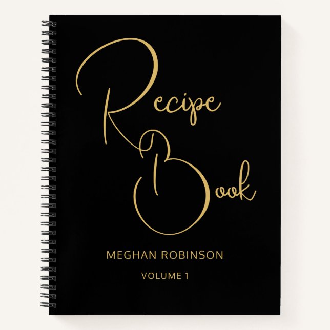 Girly Monogram Black and Gold Cookbook Recipe Notebook (Front)
