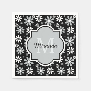 Girly Monogram Black White Daisy Flowers With Name Napkin