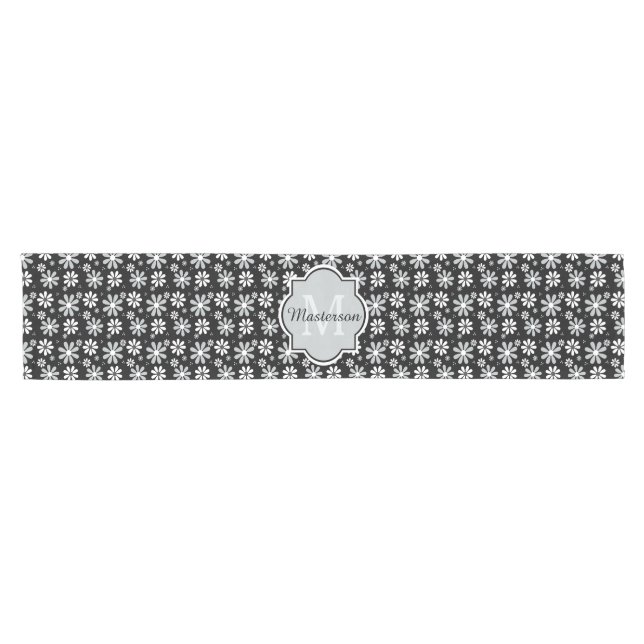 Girly Monogram Black White Daisy Flowers With Name Short Table Runner (Horizontal)