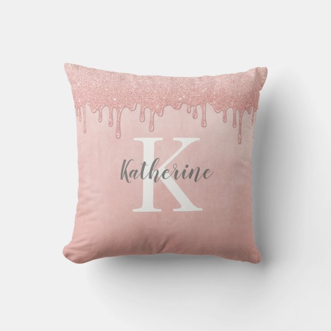 Girly Monogram Blush Pink Dripping Glitter Cushion (Front)