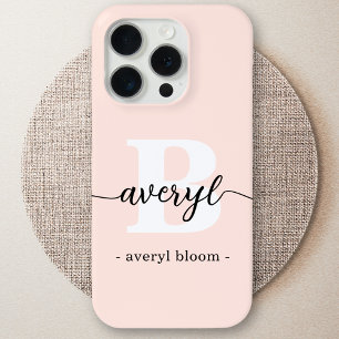 Girly Monogram Blush Pink Script Monogrammed Name iPhone 15 Pro Case