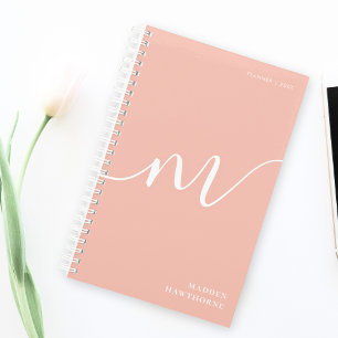 Girly Monogram Calligraphy Coral Blush Pink Planner