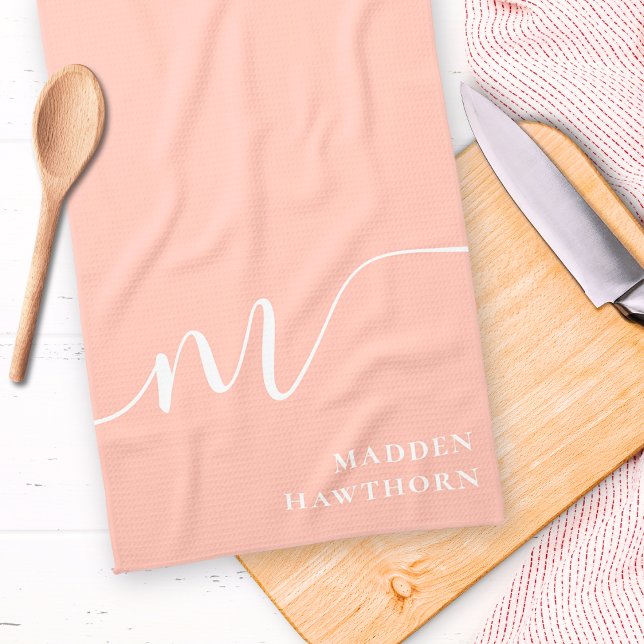 Girly Monogram Calligraphy Coral Blush Pink Tea Towel (Creator Uploaded)