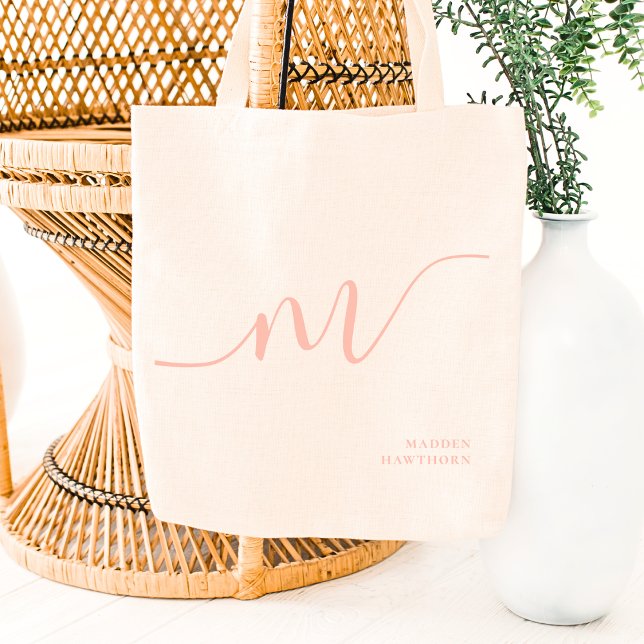 Girly Monogram Calligraphy Coral Blush Pink Tote Bag (Creator Uploaded)