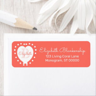 Girly Monogram Coral Heart Dots Template Return Address Label
