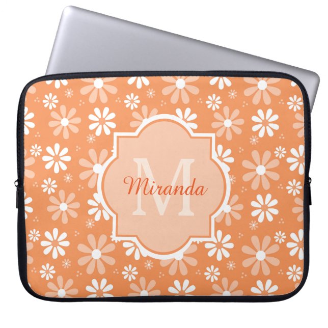 Girly Monogram Cute Orange Daisy Flowers and Name Laptop Sleeve (Front)