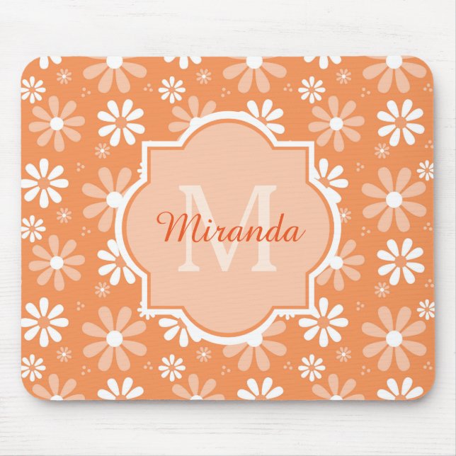 Girly Monogram Cute Orange Daisy Flowers and Name Mouse Pad (Front)