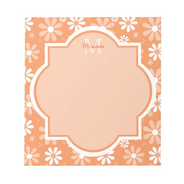 Girly Monogram Cute Orange Daisy Flowers and Name Notepad (Front)