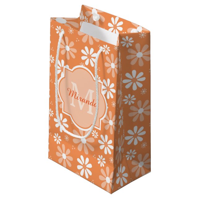 Girly Monogram Cute Orange Daisy Flowers and Name Small Gift Bag (Front Angled)